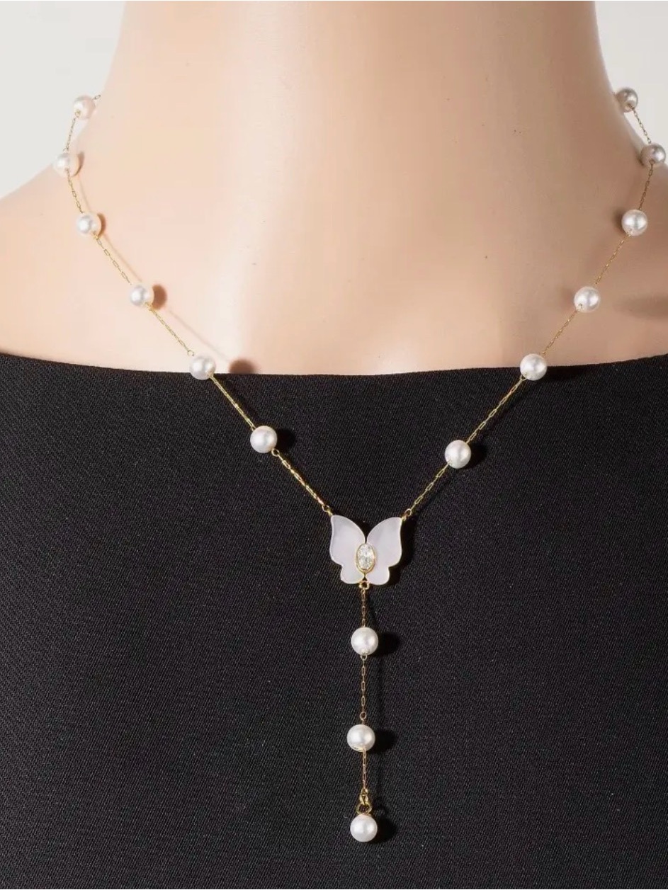 Gold Pearl Necklace With MotherOfPearl Butterfly Pendant